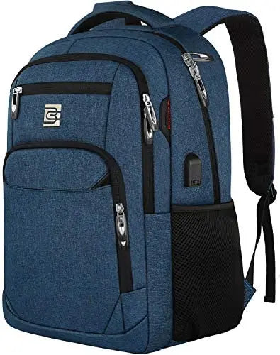 A dark blue business travel laptop backpack with black accents and straps.