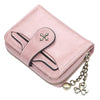A pink PU leather compact wallet with a zipper closure and a gold-toned chain attached.