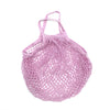 A light pink reusable organic cotton mesh grocery tote bag with handles