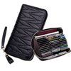 Black genuine leather RFID women's travel wallet with zipper closure displaying various credit cards and IDs