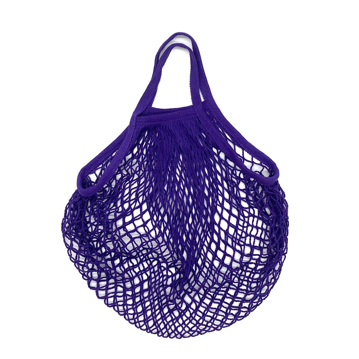 A purple reusable organic cotton mesh grocery tote bag with a drawstring closure.