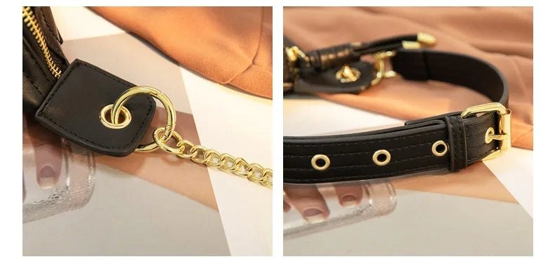 A close-up of a black PU leather crossbody sling bag with gold hardware and a tan fabric background.