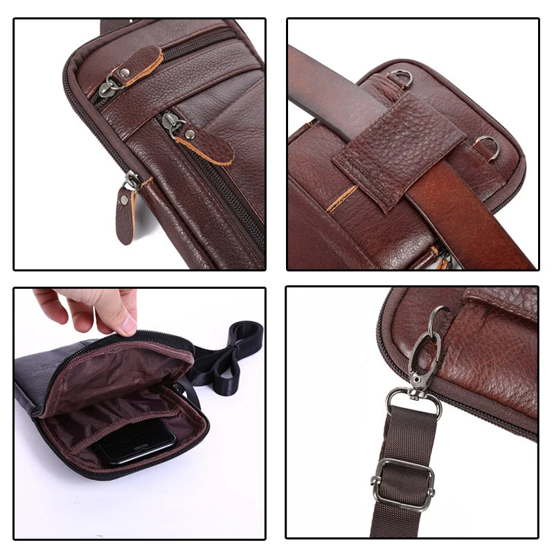 A genuine leather crossbody phone pouch belt bag in dark brown leather with a zipper and leather strap.