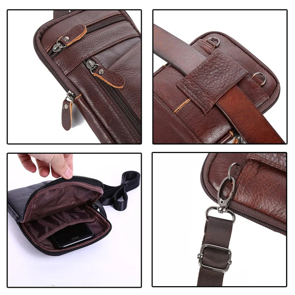 A genuine leather crossbody phone pouch belt bag in dark brown leather with a zipper and leather strap.
