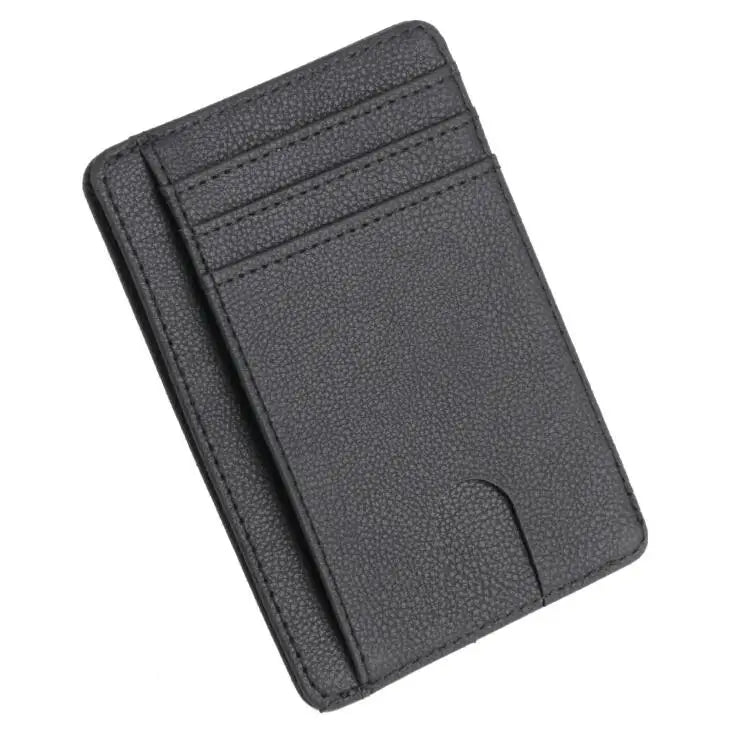 A dark gray slim leather wallet with stitched edges and a folded design.