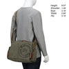A gray long-sleeved shirt model is shown wearing a brown canvas messenger bag.