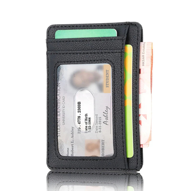 A black slim leather wallet with a green card slot and an ID card visible inside.