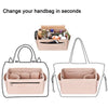 A pink felt cosmetic organizer pouch with a lid and a separate handbag-style pouch are shown.