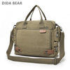 A tan canvas crossbody messenger bag with brown leather accents shown from the back.