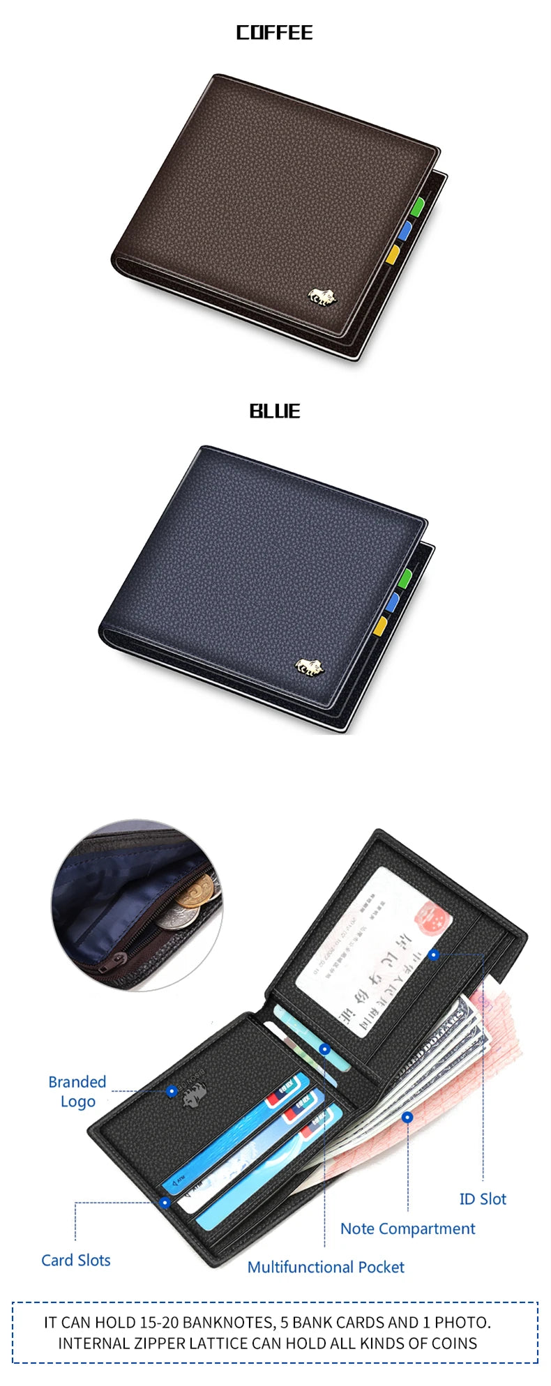A brown leather bifold wallet shown in various colors, featuring card slots and a note compartment.