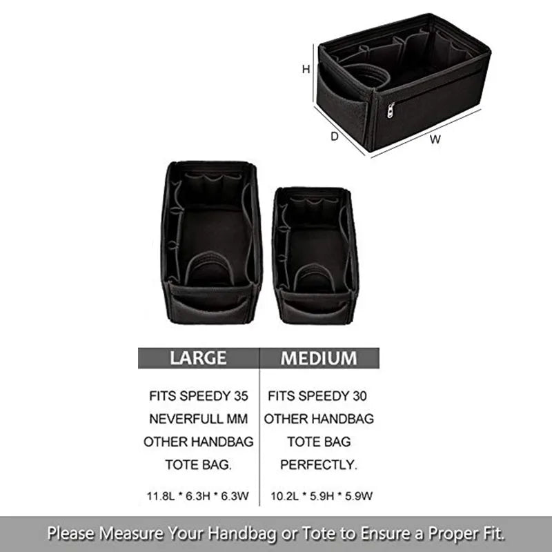 Black collapsible felt cosmetic organizer pouch shown from above with dimensions labeled.