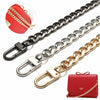 A close-up view of a red leather bag with a gold chain strap and metal clips, shown alongside the separate chain and hardware