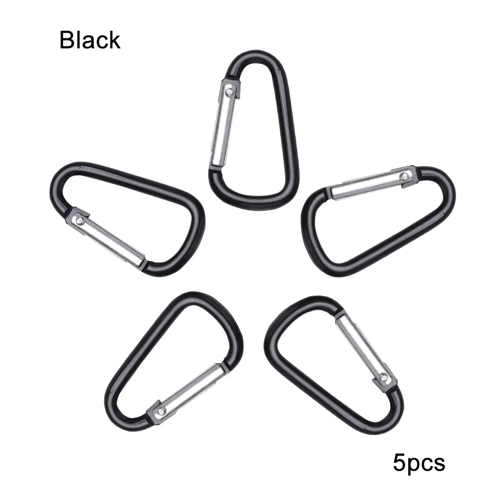 Five black aluminum carabiner key rings shown individually.