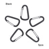 A set of five black aluminum carabiner hooks.