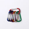 A collection of colorful aluminum carabiner hooks arranged in a row.