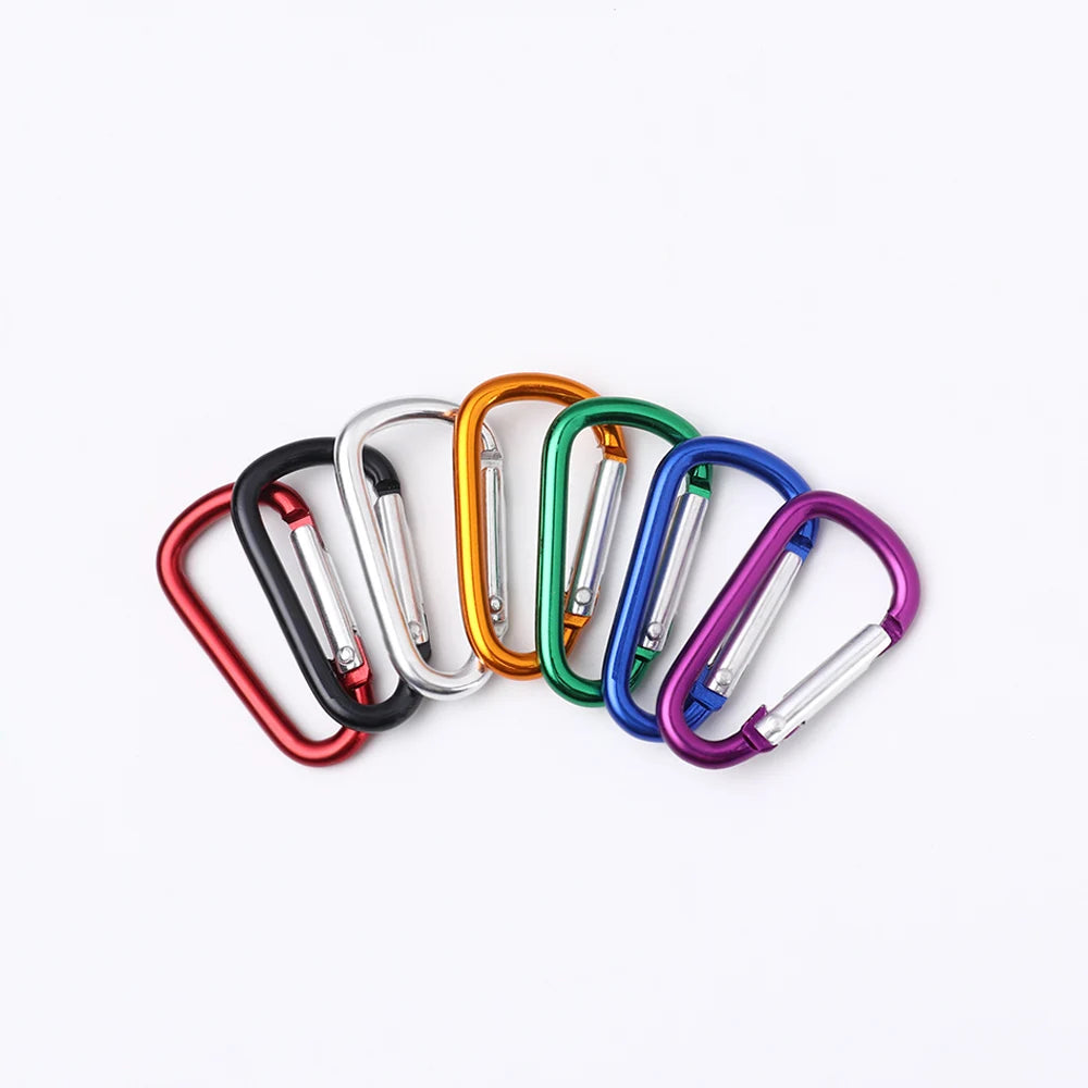 A set of ten durable aluminum carabiner hooks in various colors including red, black, silver, gold, green, and blue.