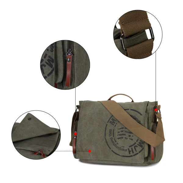 A brown canvas messenger bag with leather accents shown from the top and side views.