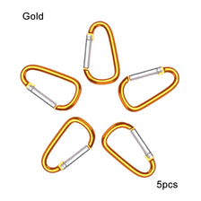 Five gold-colored aluminum carabiner key rings shown individually.