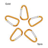 A set of five gold-colored aluminum carabiner hooks.
