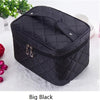 A black quilted cosmetic storage box with a zipper and hanging loops is shown on a white surface.