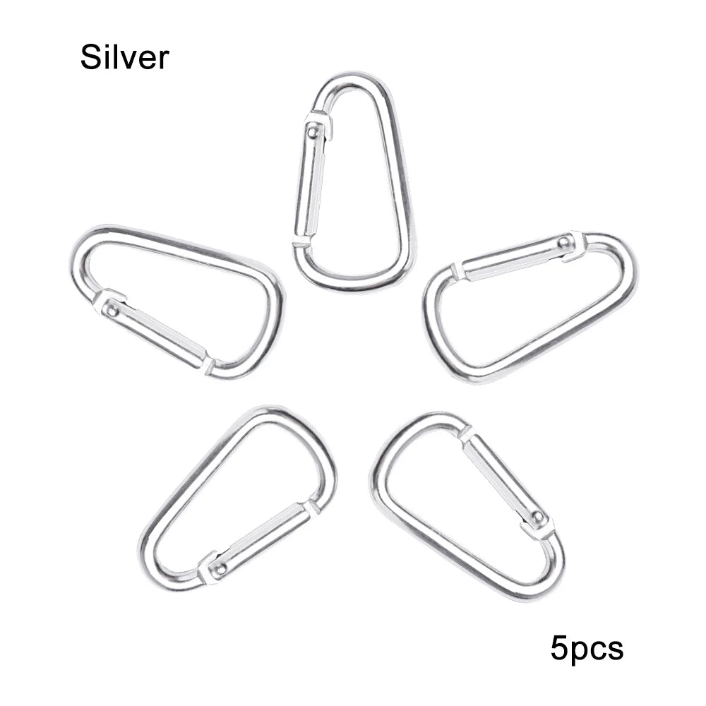 Five silver aluminum carabiner key rings for camping and hiking