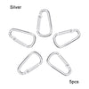 A set of five silver aluminum carabiner hooks for various uses