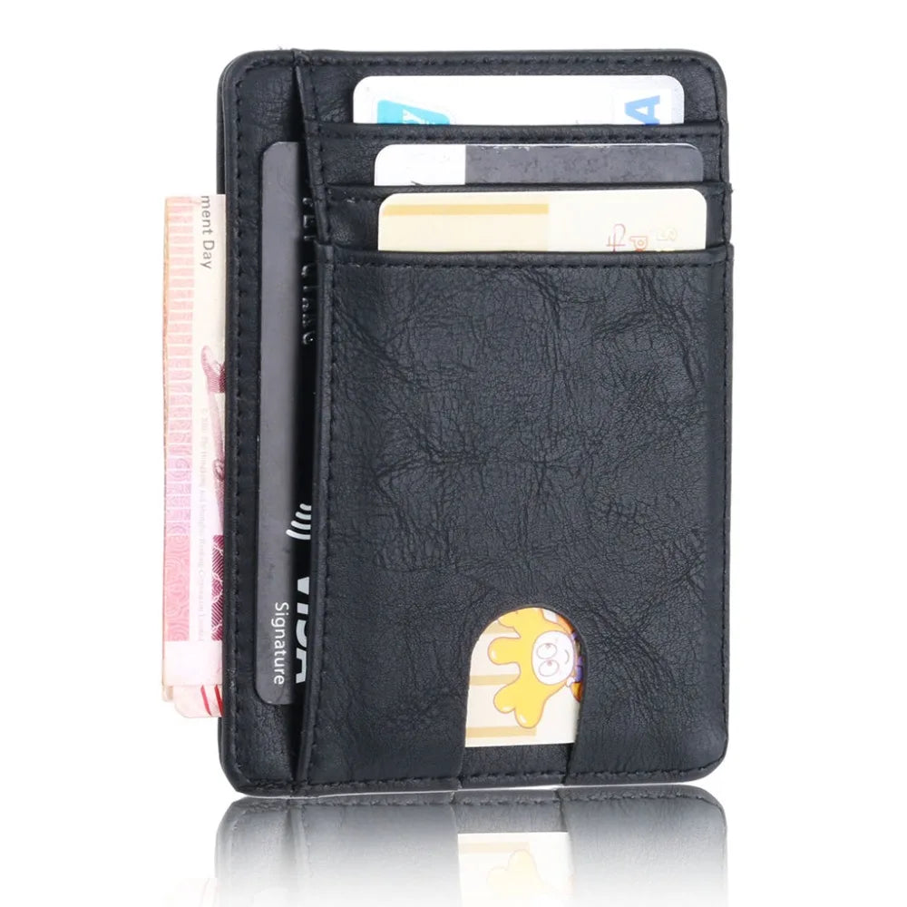 Black slim leather card holder wallet with multiple slots and a signature detail