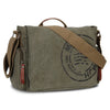 A dark olive green canvas messenger bag with brown leather straps and buckles.
