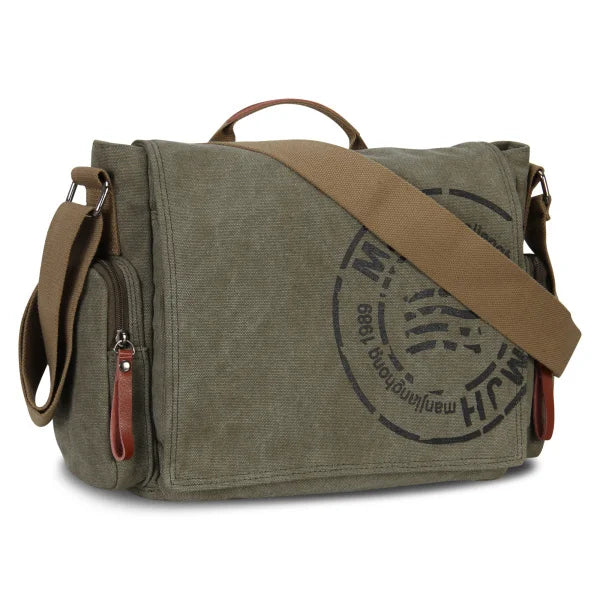 A dark olive green canvas messenger bag with brown leather straps and buckles.