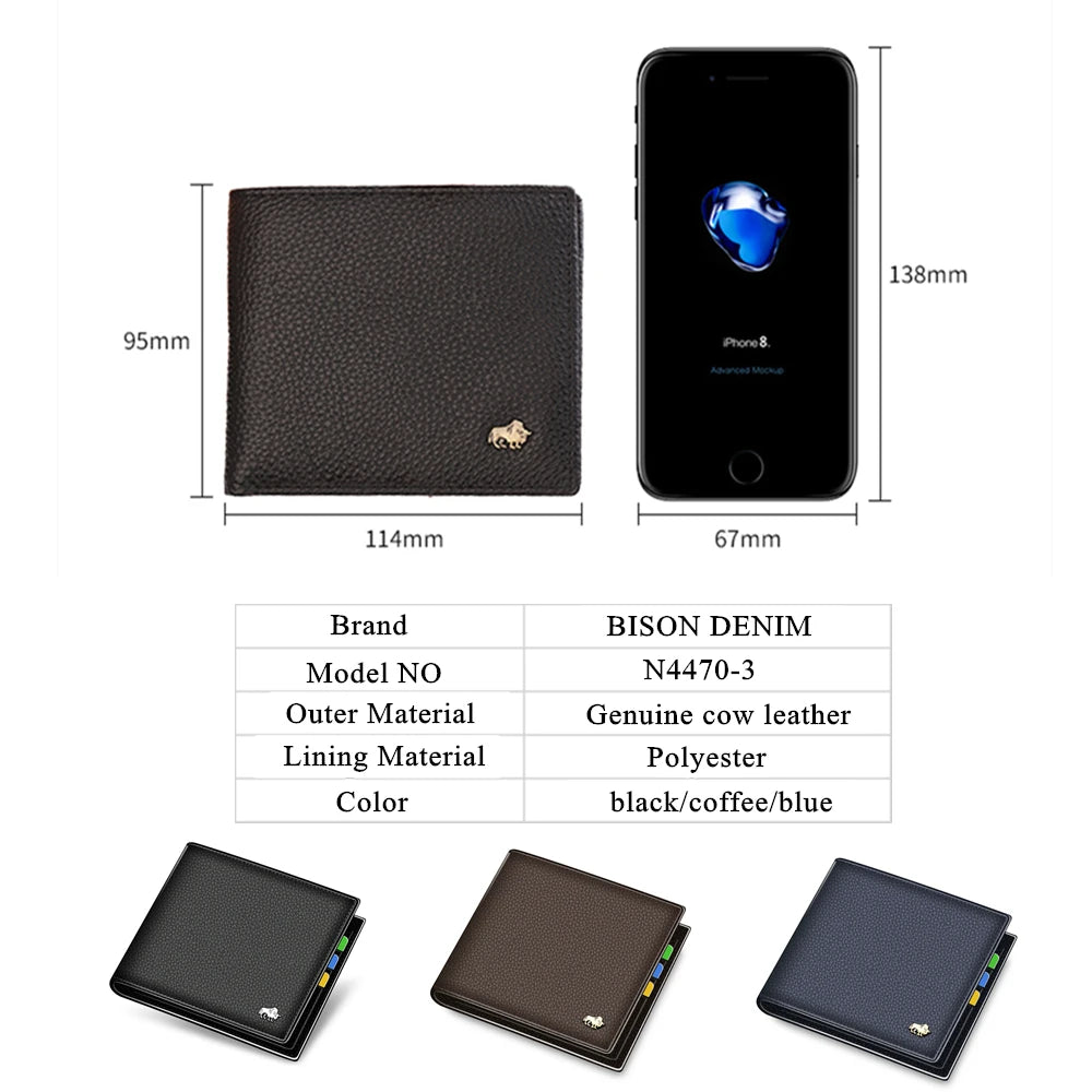 A black genuine cow leather bifold wallet shown in various views and dimensions.