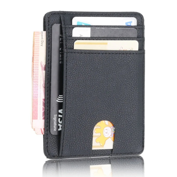 A black slim leather wallet for men showing several cards and a signature detail.
