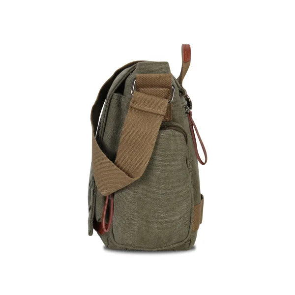 A dark olive green canvas messenger bag with brown leather accents.