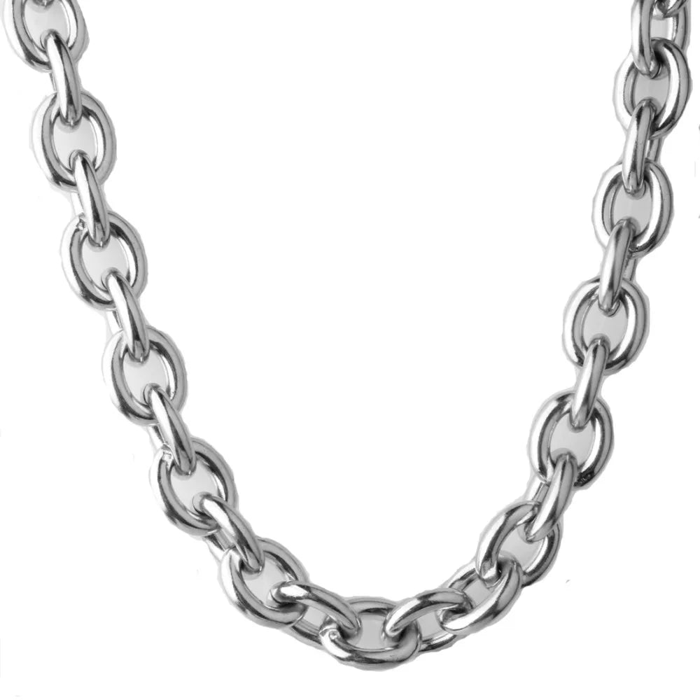 A close-up shot of a silver stainless steel rolo link chain necklace hanging from the clasp.