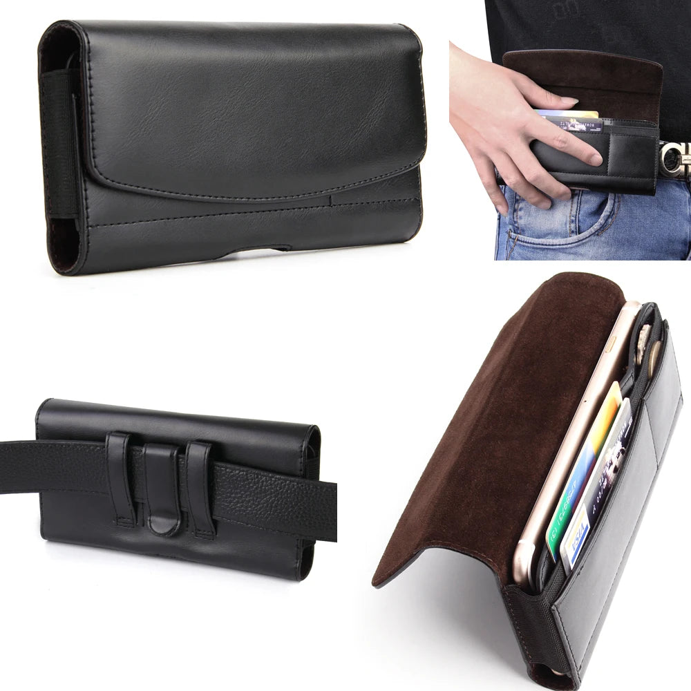 Porte-clés pour téléphone en cuir noir, affiché sous divers angles avec une main.