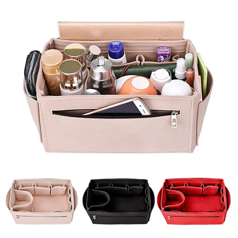 A set of collapsible felt cosmetic organizer pouches in beige, black, and red.