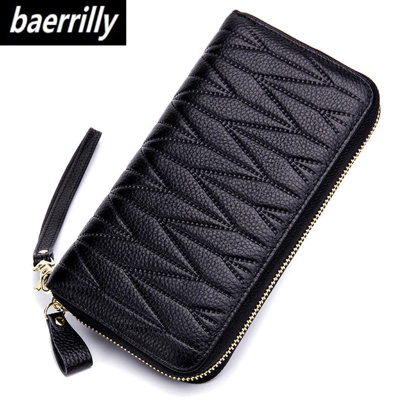 Black genuine leather RFID women's travel wallet with a zipper closure shown diagonally.
