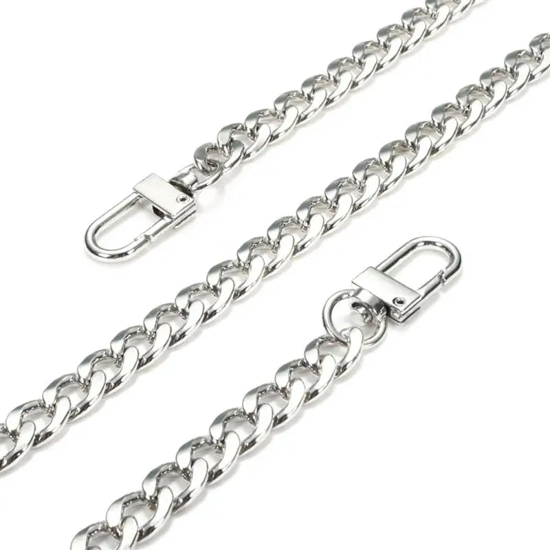 Silver metal bag chain strap with clips shown diagonally