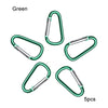 Five green aluminum carabiner key rings shown individually.