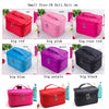 A collection of quilted cosmetic storage boxes in various colors including red, pink, blue, purple, and black.