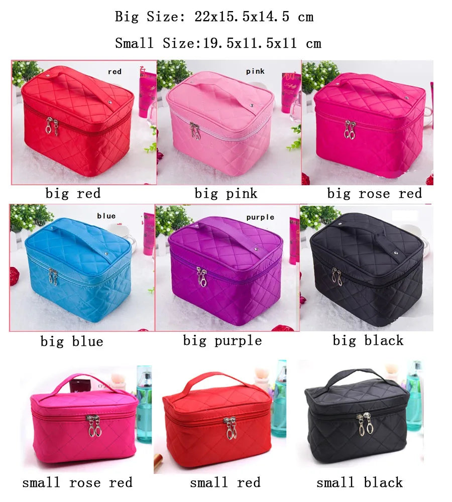 A collection of quilted cosmetic storage boxes in various colors including red, pink, blue, purple, and black.