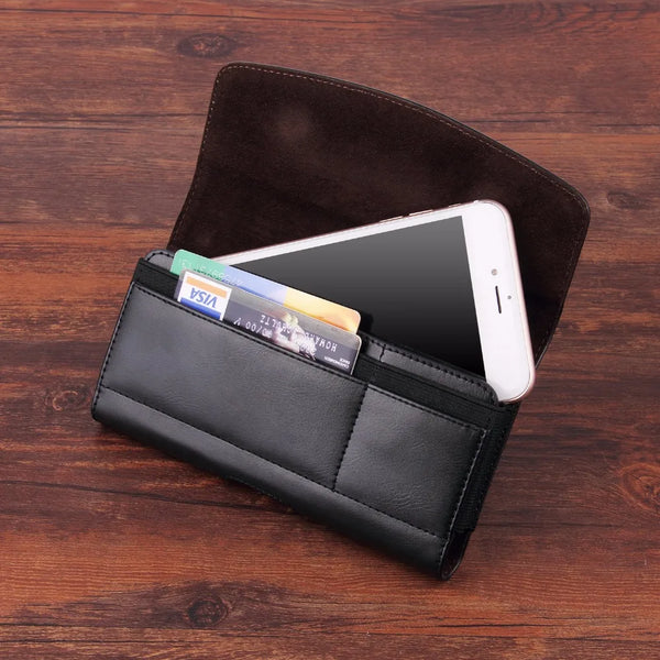 A black leather phone wallet is shown open, containing a smartphone and several cards on a wooden surface.