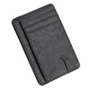 A black slim leather wallet with stitched lines shown from above.