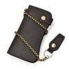A dark brown genuine leather bifold wallet with a metal chain and leather accents.