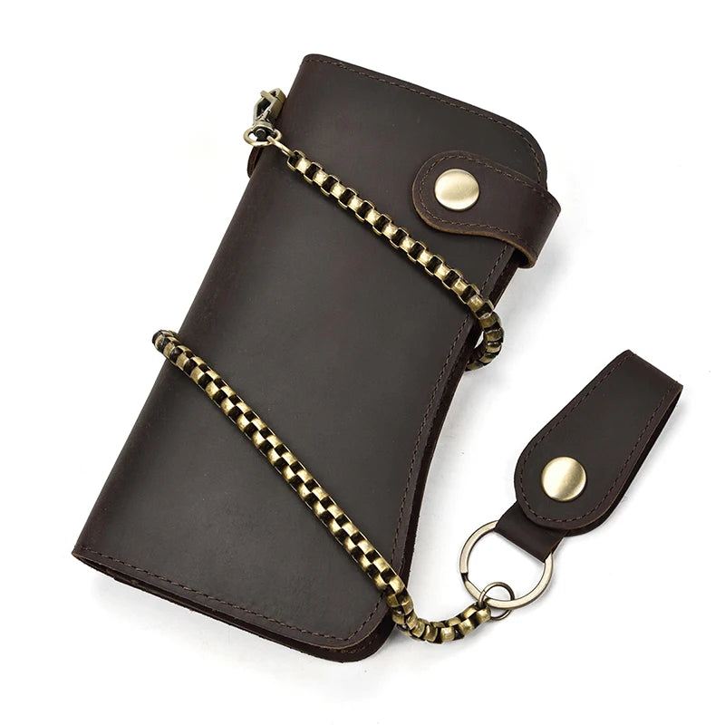 A dark brown genuine leather bifold wallet with a metal chain and leather accents.