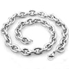 A silver stainless steel rolo link chain necklace laid out on a white background.