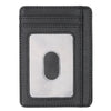 A black slim leather wallet with a clear window showing an RFID blocking card slot.