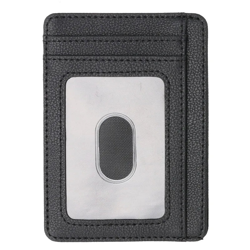 A black slim leather wallet with a clear window showing an RFID blocking card slot.