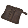 A brown genuine leather bifold wallet with a zipper and a leather strap.