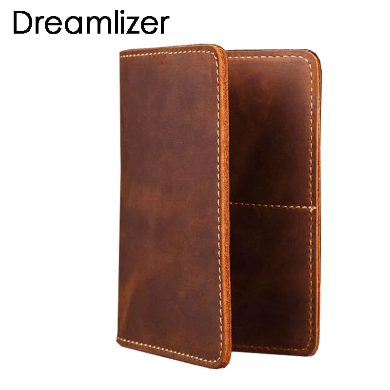 A brown genuine leather passport wallet with card holders shown in a vertical view.