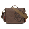 A brown canvas messenger bag with a tan strap and an embossed circular design.